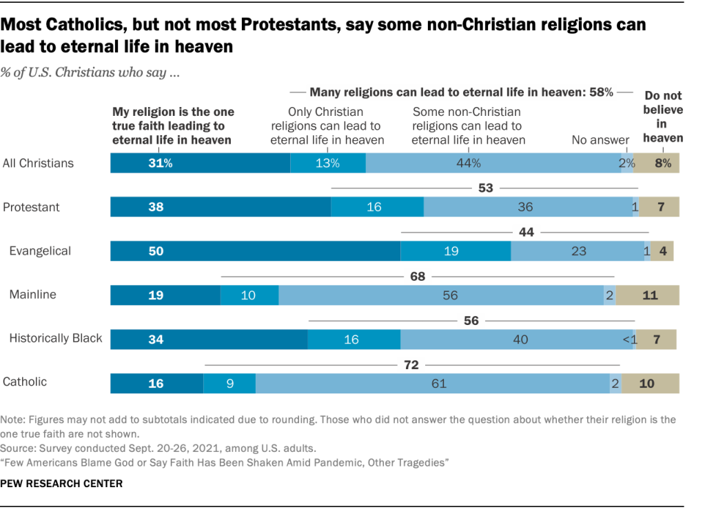 Most Catholics, but not most Protestants, say some non-Christian religions can lead to eternal life in heaven
